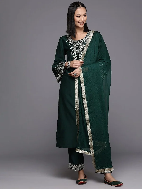 Varanga Women Green Embroidered Straight Kurta With Bottom And Dupatta