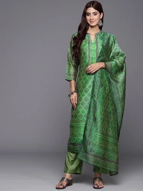 Varanga Women Green Ethnic Printed Straight Kurta With Bottom And Dupatta