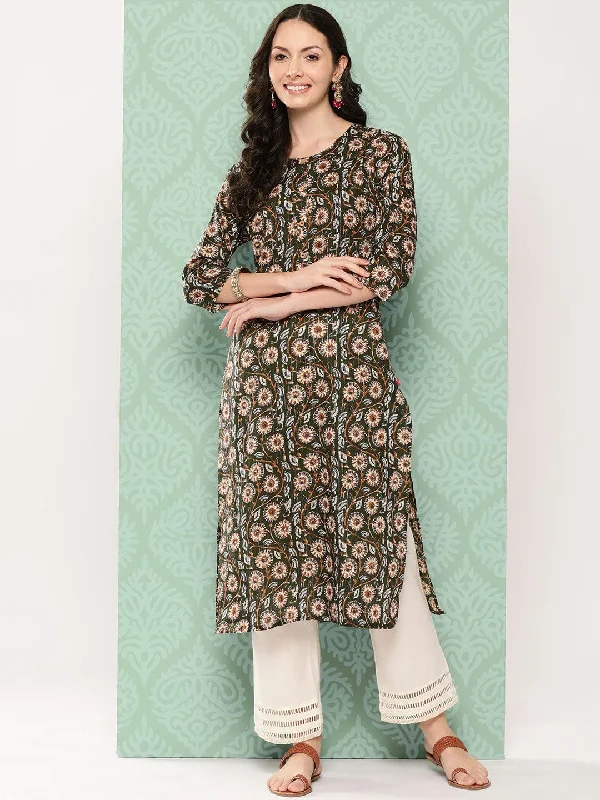 Varanga Women Green Floral Printed Round Neck Cotton Kurta