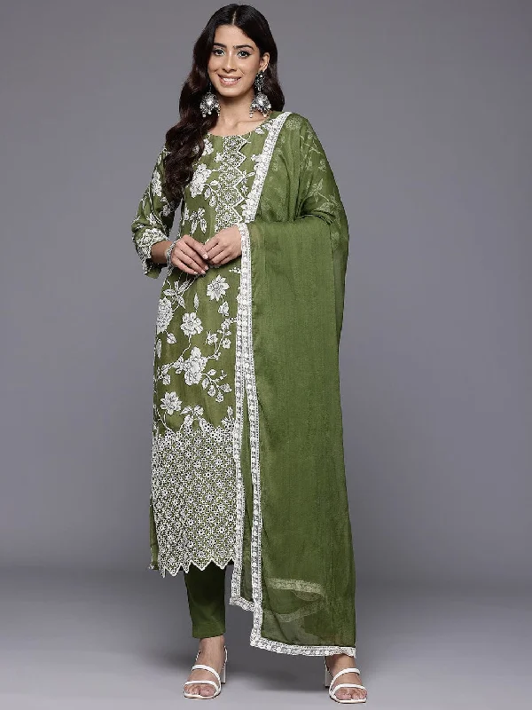 Varanga Women Green Floral Printed Shiffly Work  Kurta  Paired With Bottom And Dupatta