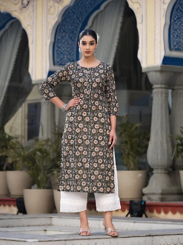 Varanga Women Green Floral Printed Straight Kurta With Three Quarter Sleeves