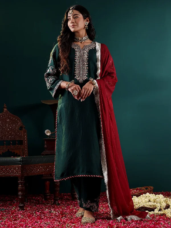 Varanga Women Green Round Neck Yoke Embroidered Straight Kurta With Embroidered Bottom And Contrast Dupatta With Fringes