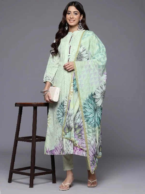 Varanga Women Green Shiffly Kurta Paired With Tonal Bottom And Printed Dupatta