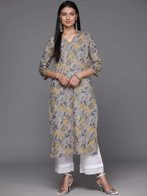 Varanga Women Grey And Mustard Yellow Floral Printed Cotton Gotta Patti Floral Kurta