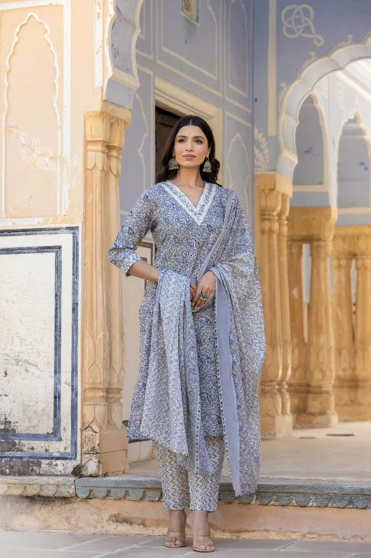 Varanga Women Grey Embroidered V Neck Kurta With Printed Bottom And Dupatta