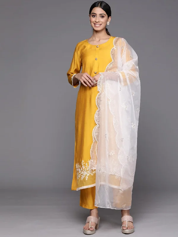 Varanga Women Mustard Ethnic Motifs Embroidered Kurta with Trousers & With Dupatta