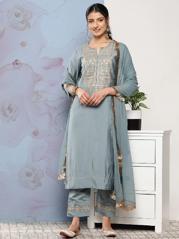 Varanga Women Grey Ethnic Motifs Gotta Patti Kurta with Trousers & With Dupatta