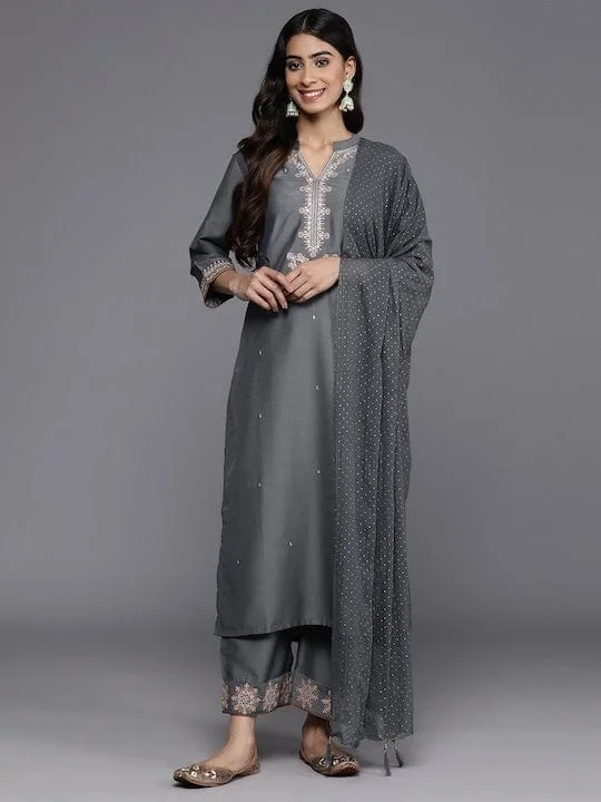 Varanga Women Grey Ethnic Motifs Yoke Design Round Neck Kurta with Trousers & With Dupatta