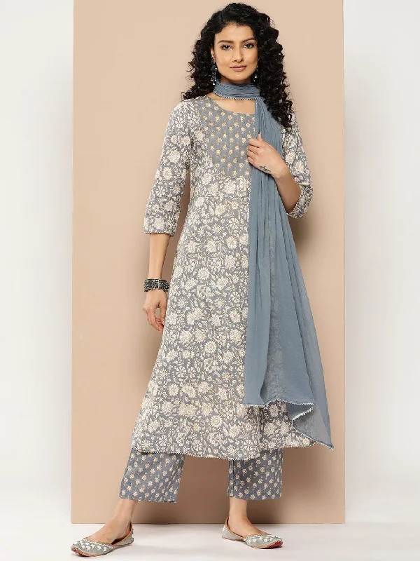 Varanga Women Grey Floral Printed Anarkali Kurta Paired With Printed Bottom And Solid Chiffon Dupatta