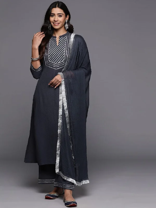 Varanga Women Grey Gota Embroideted Straight Kurta With Bottom And Dupatta