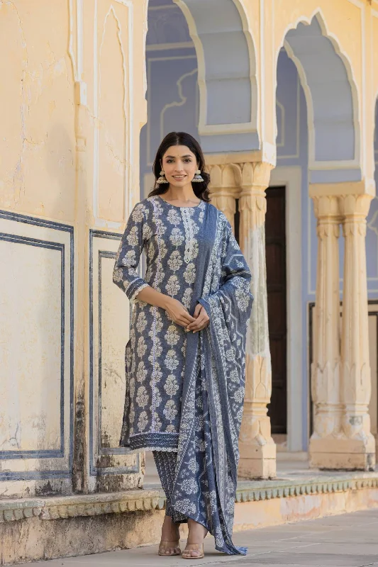 Varanga Women Grey Round Neck Straight Kurta With Bottom And Dupatta