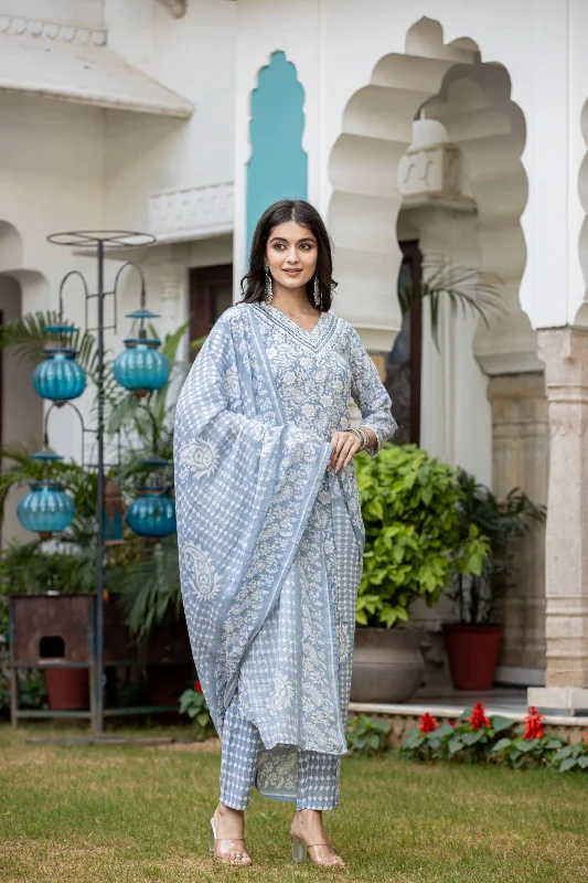 Varanga Women Grey V Neck Embroidered Kurta Paired With Printed Bottom And Dupatta