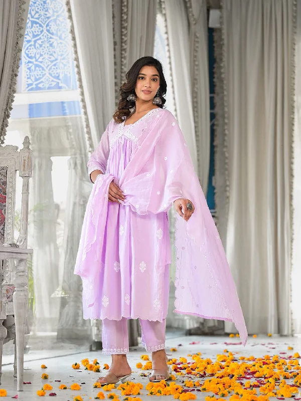 Varanga Women Lavender Embroidered A-Line Empire Kurta Paired With Tonal Bottom And Tonal Embroidered Dupatta