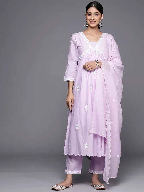 Varanga Women Lavender Embroidered A-Line Empire Kurta Paired With Tonal Bottom And Tonal Embroidered Dupatta