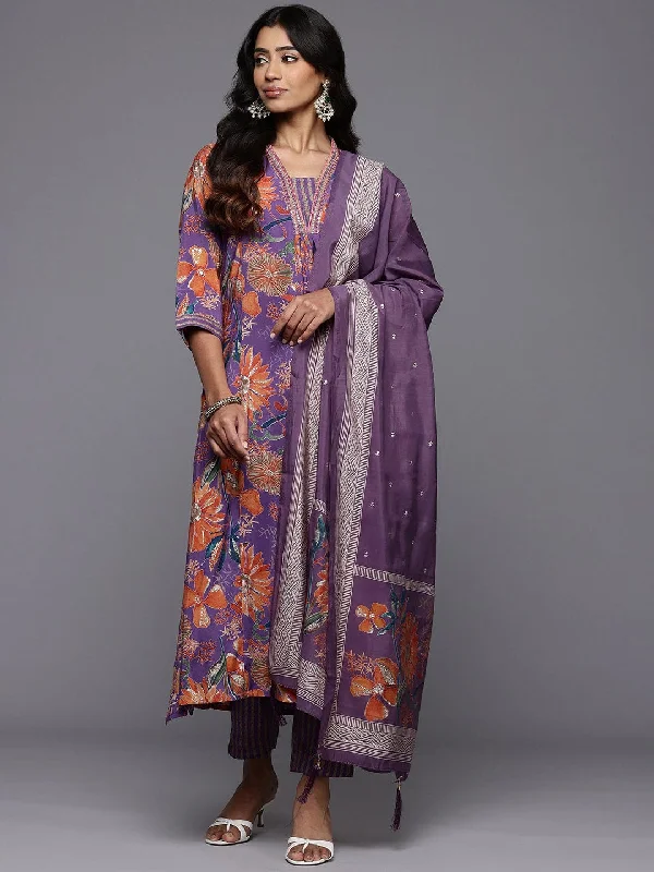 Varanga Women Lavender Floral Printed Embroidered Kurta Paired with Bottom and Dupatta