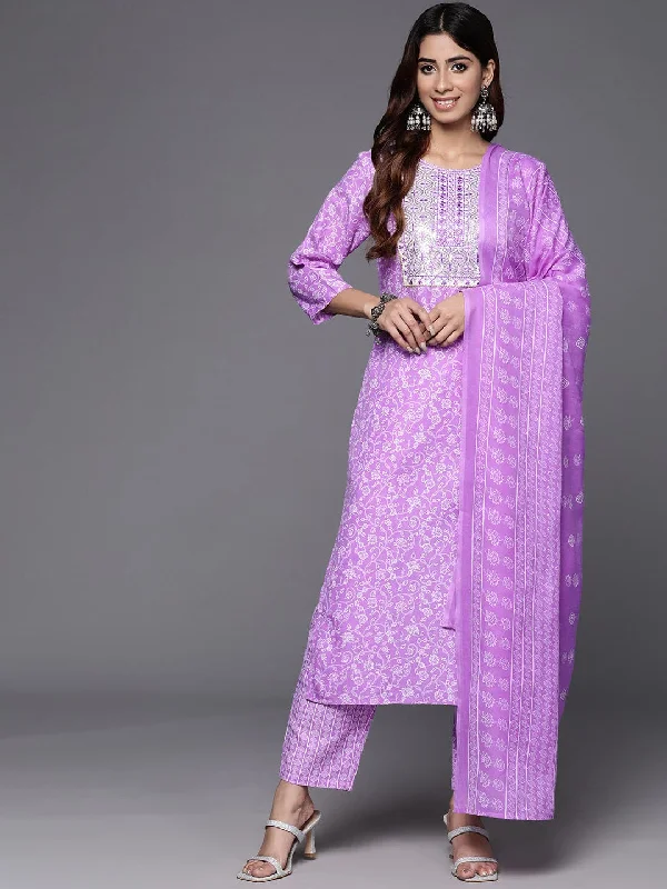 Varanga Women Lavender Floral Printed Embroidered Kurta Paired With Bottom And Dupatta