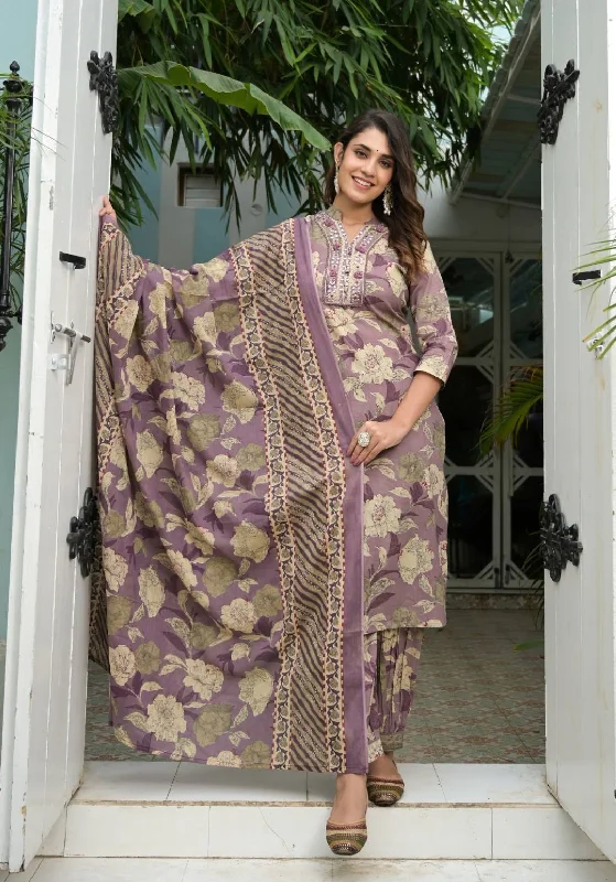 Varanga Women Lavender Floral Printed Mirror Embellished Straight Kurta Paired With Afghani Bottom And Printed Dupatta