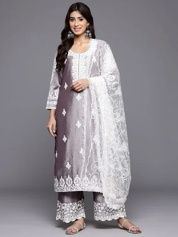 Varanga Women Lavender Thread Embroidered Kurta With Bottom And Dupatta