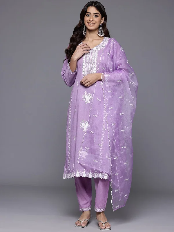 Varanga Women Lavender V Neck Heavy Thread Embroidered Kurta With Bottom & Dupatta