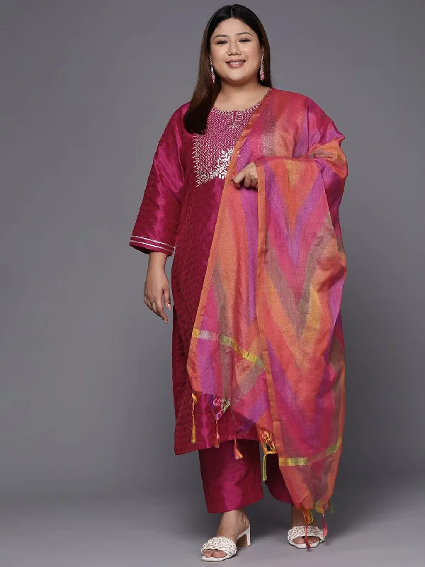 Varanga Women Plus Size Magenta Floral Embroidered Kurta with Trousers & Dupatta