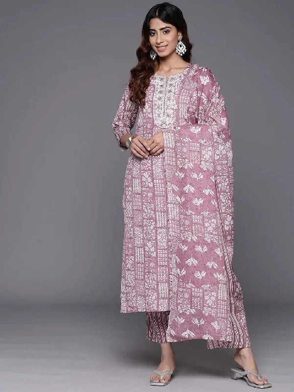 Varanga Women Magenta Printed Round Neck Embroidered Kurta Paired With Bottom And Dupatta