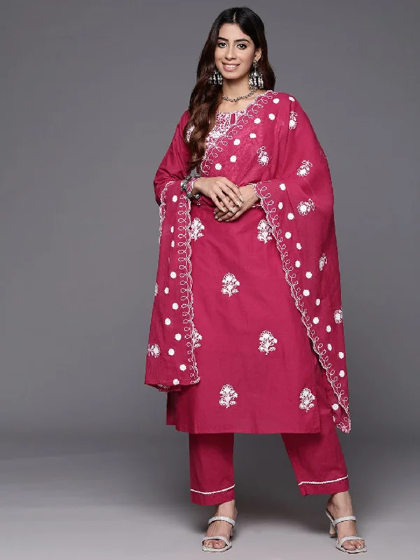 Varanga Floral Embroidered Thread Work Pure Cotton Kurta with Trousers & Dupatta