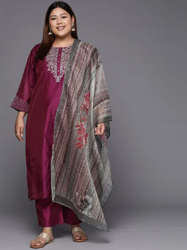 Varanga Women Plus Size Magenta Yoke Design Sequinned Chanderi Silk Kurta with Trousers & Dupatta