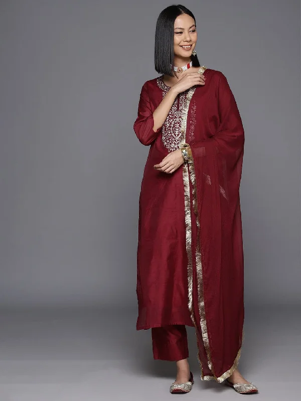 Varanga Women Maroon Embroidered Straight Kurta Paired With Tonal Bottom And Dupatta