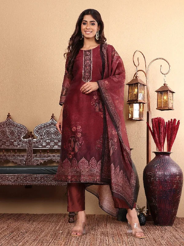 Varanga Women Maroon Floral Printed Kurta Paired with Bottom and Dupatta