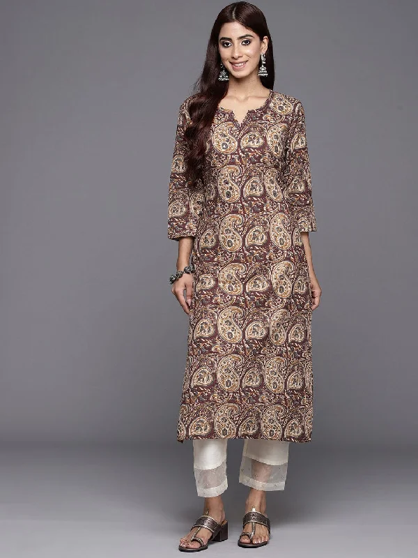 Varanga Women Maroon Paisley Printed Round Neck, Mirror Embroiderd Straight Kurta.