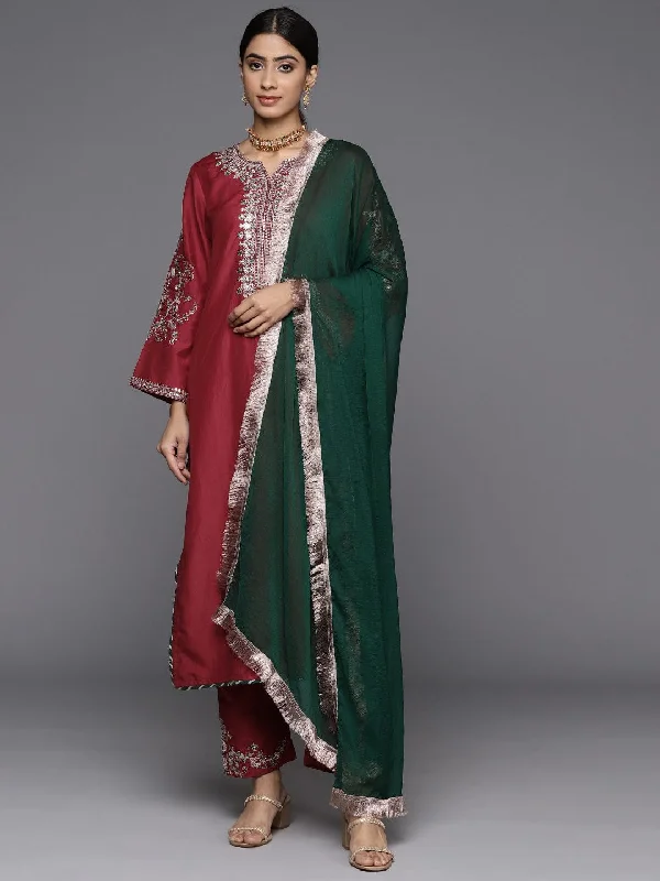 Varanga Women Maroon Yoke Embroidered Straight Kurta With Bottom And Dupatta