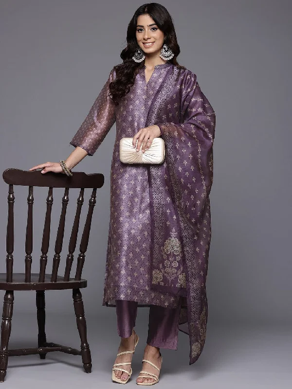 Varanga Women Mauve Floral Printed Mandarin Collar Straight Kurta Paired With Bottom & Dupatta