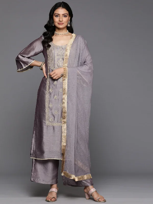 Varanga Women Mauve Round Neck With Heavy Zari Embroidered Kurta With Bottom And Dupatta