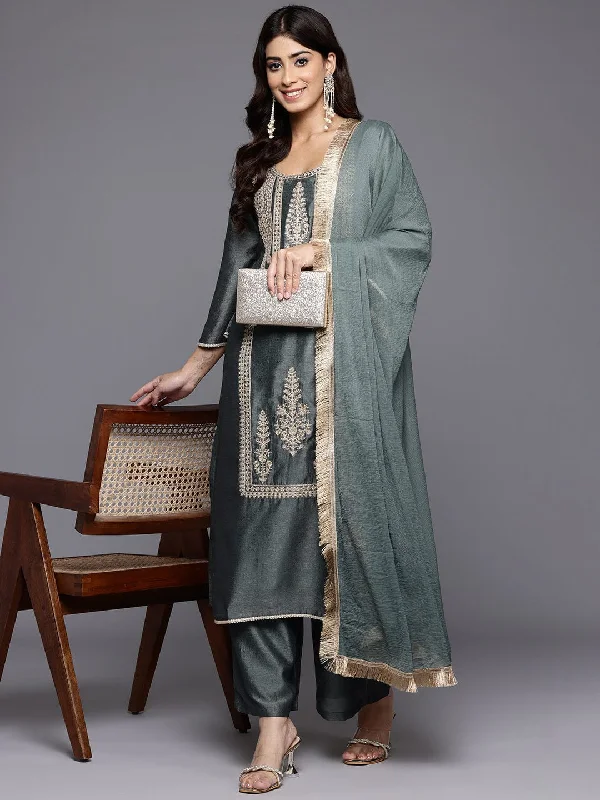 Varanga Women Mint Green Round Neck With Heavy Zari Embroidered Kurta With Bottom And Dupatta