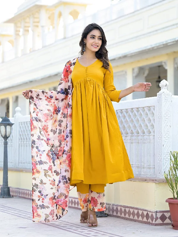 Varanga Women Mustard Empire Gathered Details Anarkali Kurta Paired With Printed Bottom And Dupatta