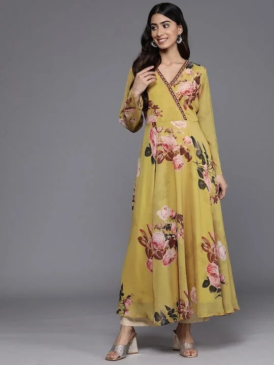 varanga women mustard floral printed georgette v neck kurta