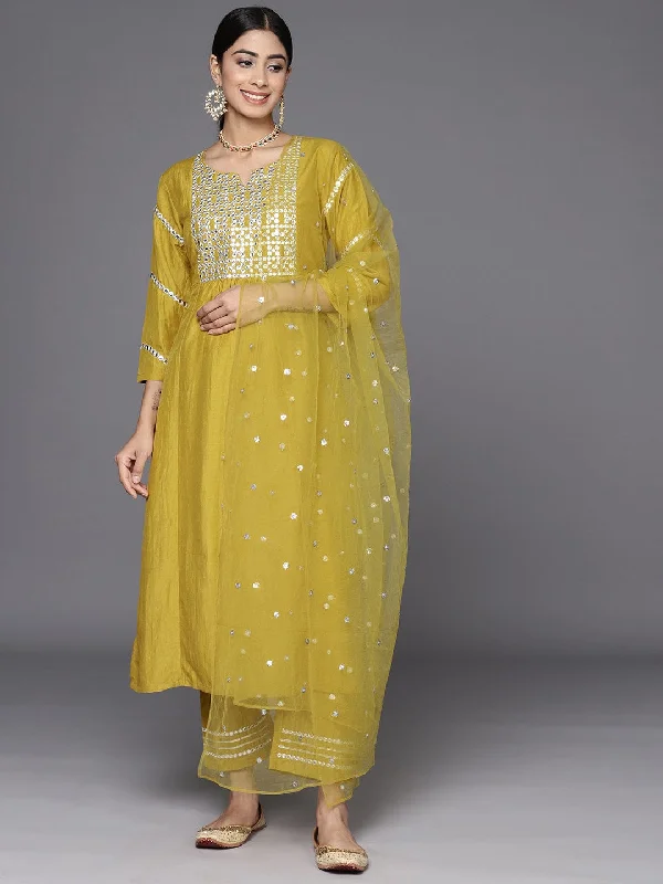 Varanga Women Mustard Mirror Work Embroidered Kurta Paired With Tonal Bottom And Net Embroidered Dupatta