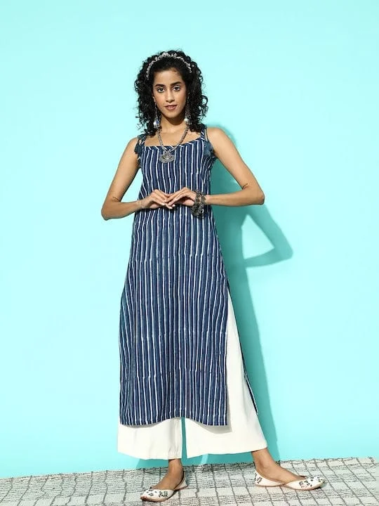 Varanga Women Navy Blue And Off White Striped Indigo Round Neck Kurta