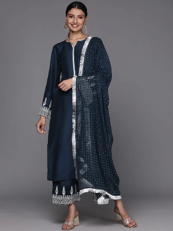 Varanga Women Navy Blue Embroidered Straight Kurta Paired With Tonal Bottom And Dotted Dupatta With Four Sided Fringes