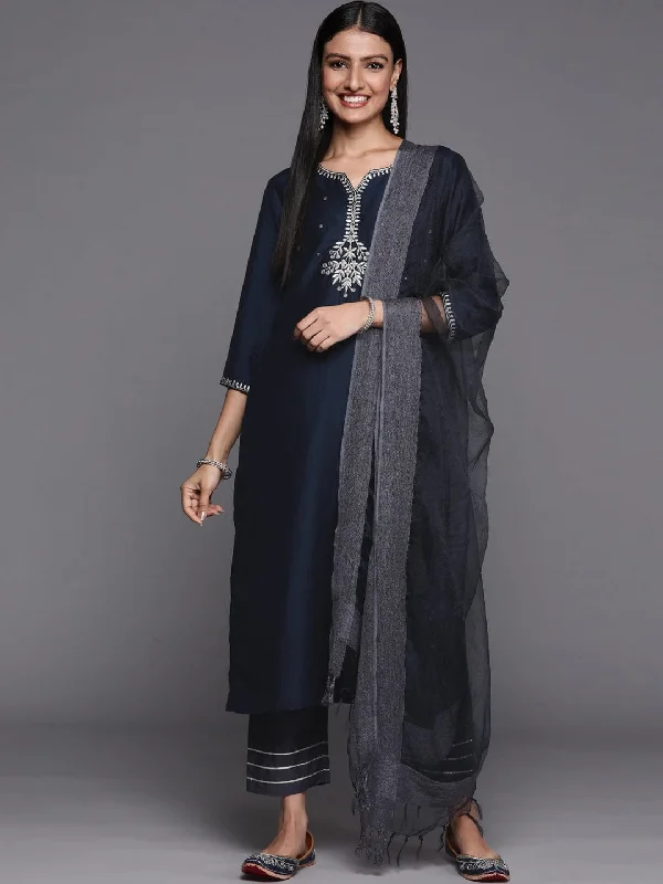 Varanga Women Navy Blue Ethnic Motifs Embroidered Kurta with Trousers & With Dupatta