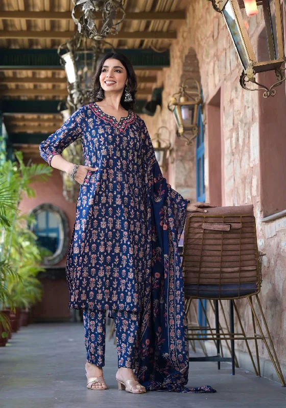 Varanga Women Navy Blue Floral Printed Mirror Embellished Straight Kurta Paired With Bottom And Printed Dupatta