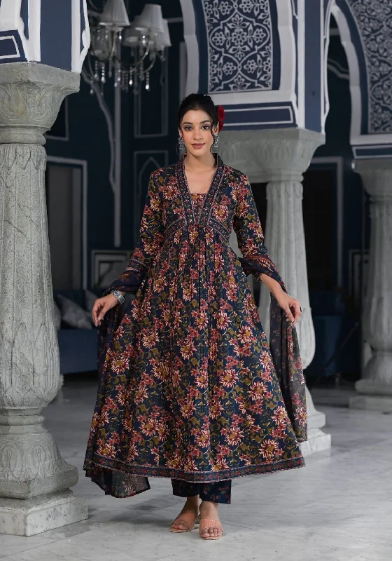 Varanga Women Navy Blue  Floral Printed V-Neck Mirror Embellished  Anarkali Kurta Paired Wirh Printed Bottom And Dupatta