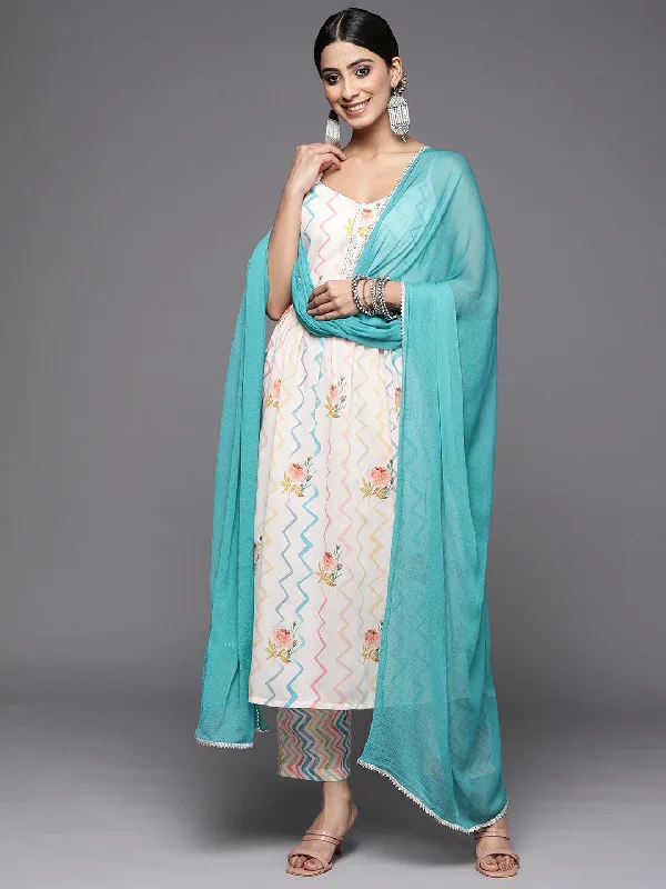 varanga women off white floral printed pleated gotta patti kurta with trousers with dupatta