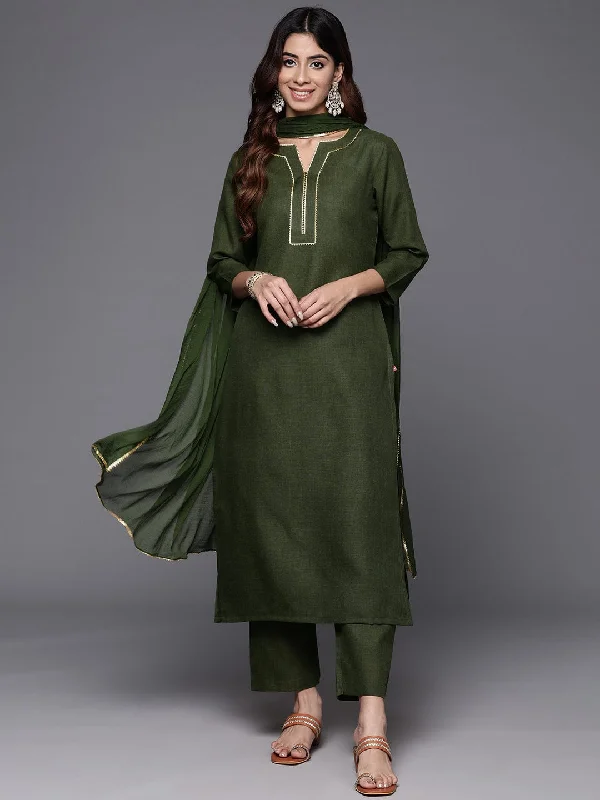 Varanga Women Olive Green Gota Embellished Straight Kurta Paired With Tonal Bottom & Dupatta