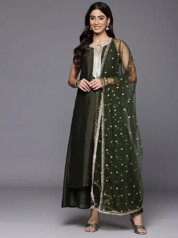 Varanga Women Olive Green Lace Embellished Sleeveless Straight Kurta Paired With Tonal Plazzo And Dupatta