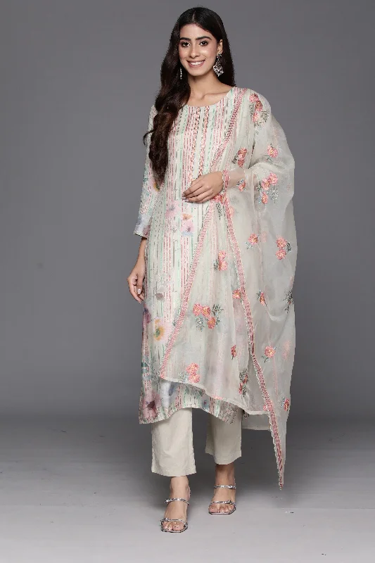 Varanga Women Olive Stripe And Floral Printed Straight Kurta With Bottom And Embroidered Dupatta