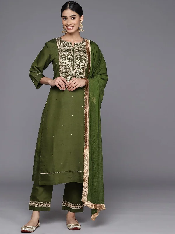 Varanga Women Olive Yoke Design Kurta Embellished With Mirror Work, Three Quarter Sleeves Detailed Paired With Tonal Bottom And Fringed Dupatta