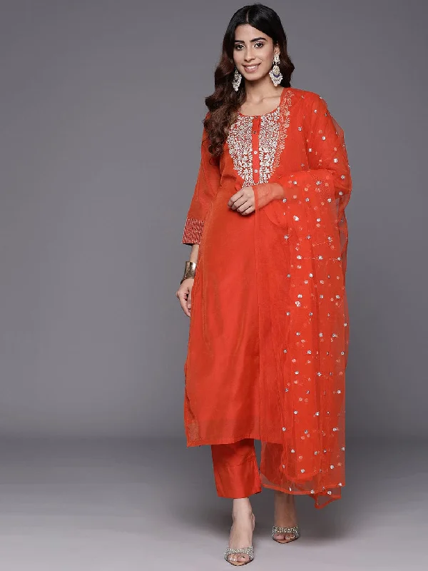 Varanga Women Orange Round Neck Embroidered Kurta With Tonal Bottom And  Dupatta