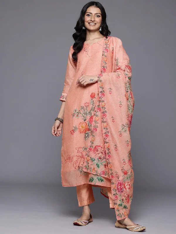 Varanga Women Peach Floral Printed Thread Embroidered Kurta Paired  With Bottom And Dupatta