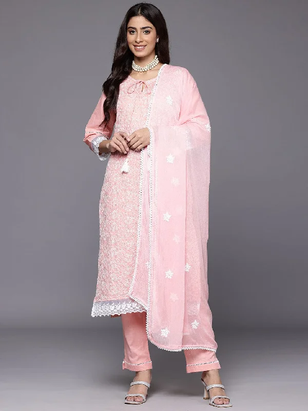 Varanga Women Peach   Round Neck  Chikankari Straight Kurta With Bottom And Dupatta